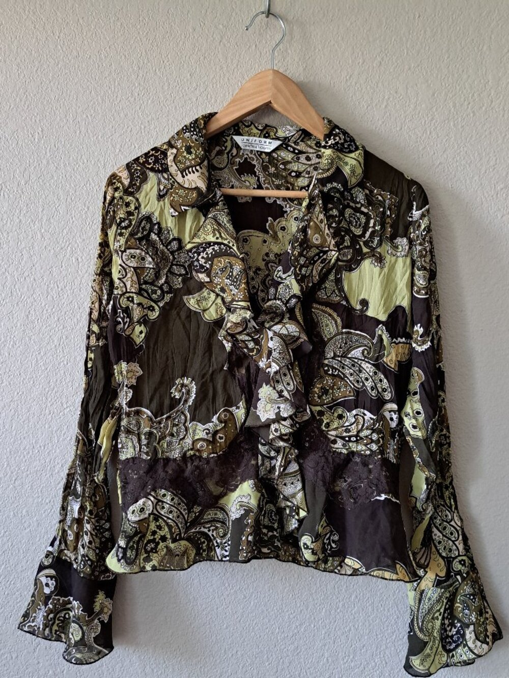 John Paul Richard 70s Groovy Boho Brown & Green Button-Down Blouse Size Large